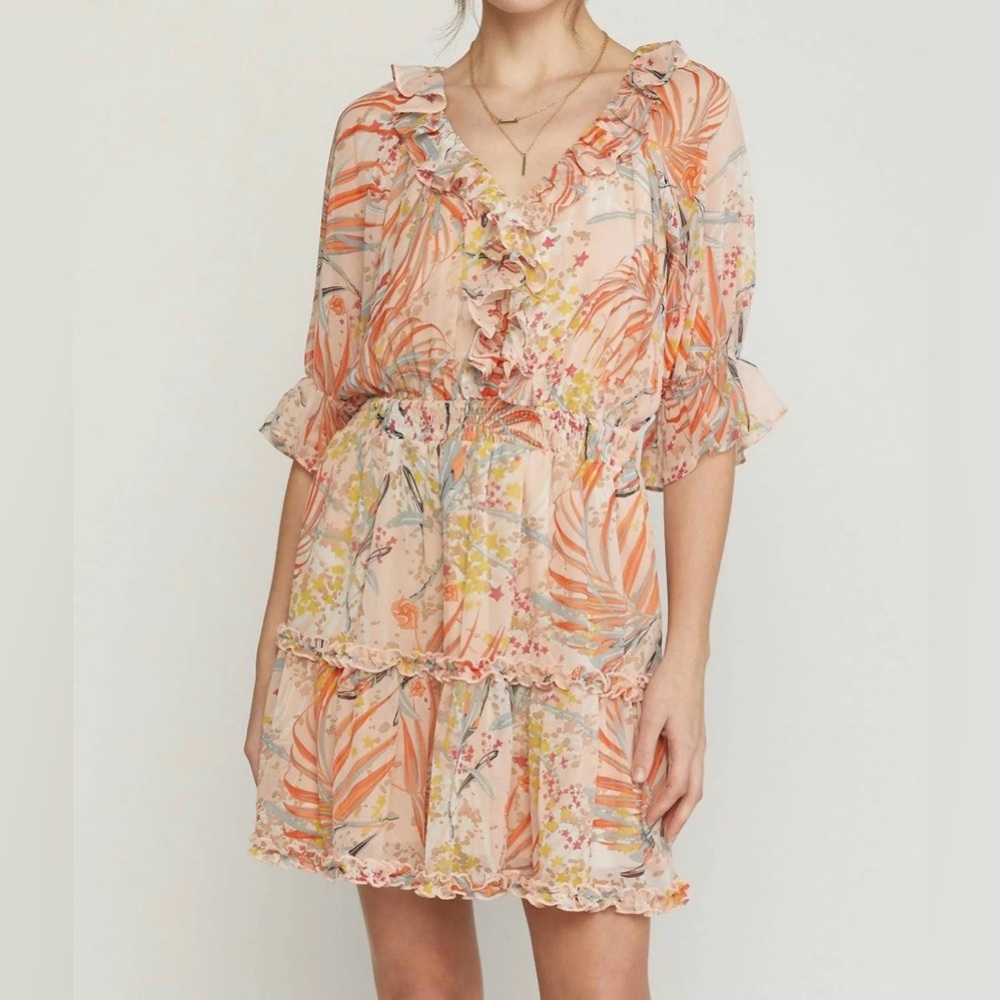 Entro Coral Print Dress With Ruffle Detail And Smocked Waist Large NWT